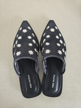 Free People Black Mesh Floral Embroidered Pointed Mules